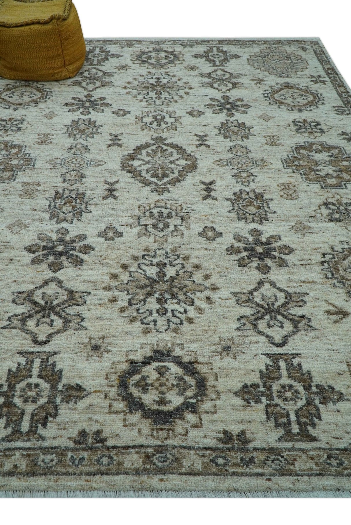 Custom Made Traditional Turkish Design Beige Hand Knotted Natural Wool Area Rug