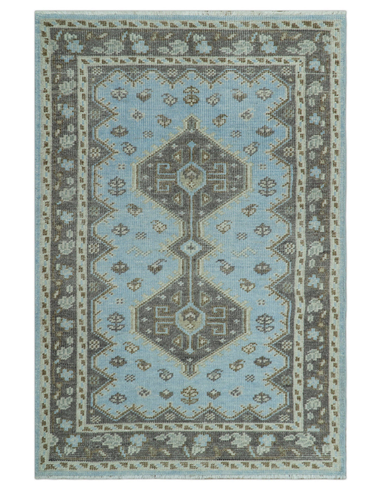 Custom Made Traditional Turkish design Blue And Brown Hand Knotted Wool Area Rug