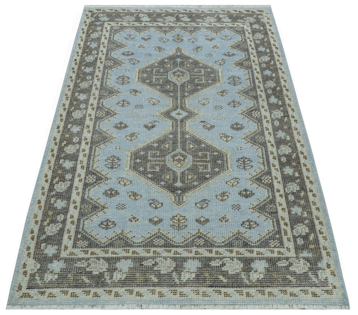 Custom Made Traditional Turkish design Blue And Brown Hand Knotted Wool Area Rug