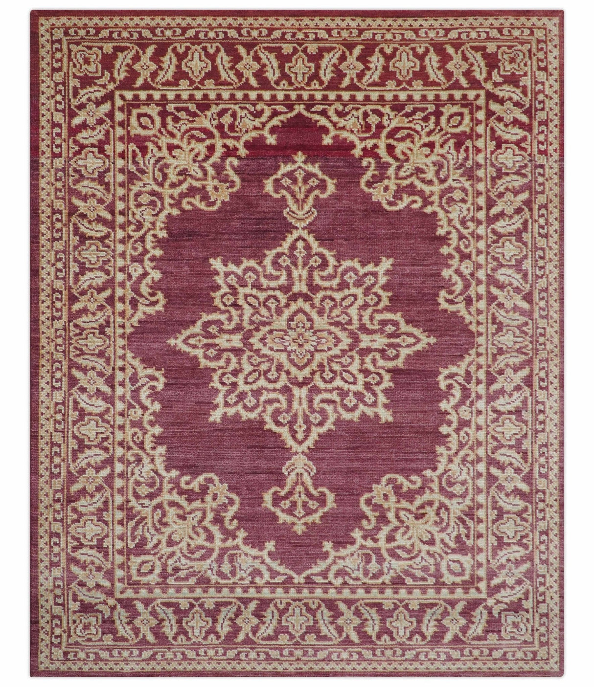 Custom Made Traditional Turkish Maroon And Beige Hand Knotted Wool Rug