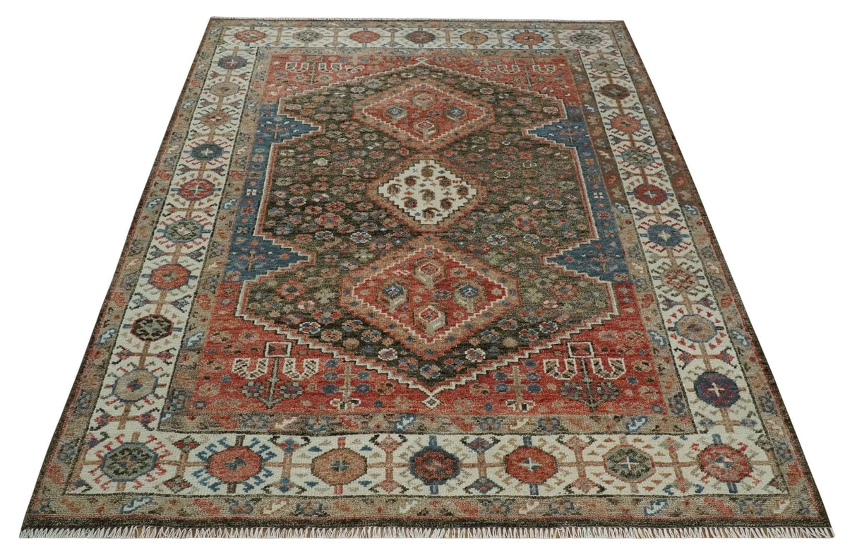 Custom made Traditional Vintage Style Green, Rust and Ivory Turkish design wool Area Rug
