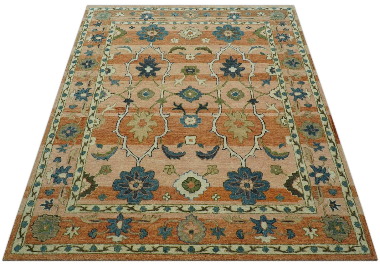 Custom Made Transitional Peach and Blue Hand Tufted Wool Area Rug