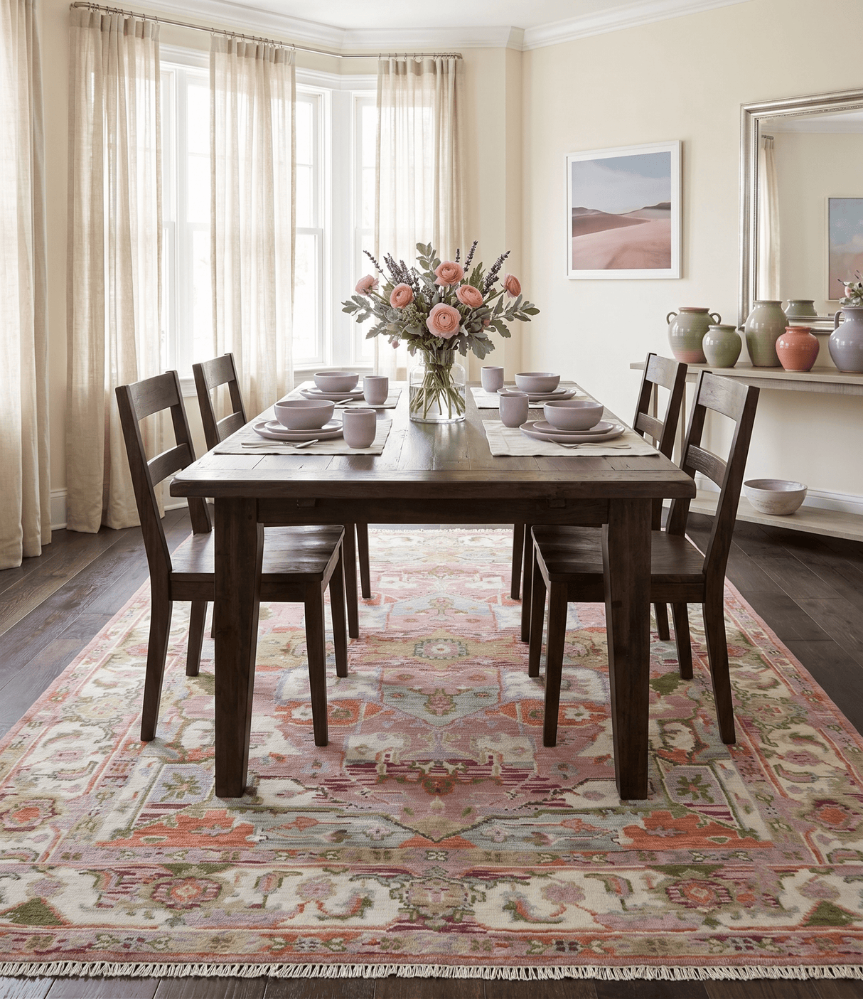 Custom Made Transitional Pink, Green and Ivory Turkish Design wool Area Rug