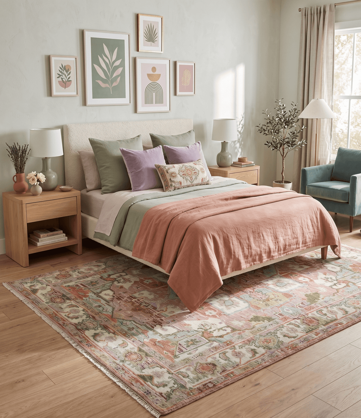 Custom Made Transitional Pink, Green and Ivory Turkish Design wool Area Rug