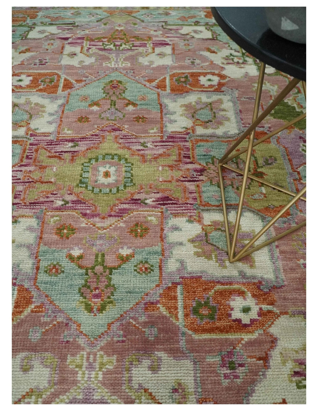 Custom Made Transitional Pink, Green and Ivory Turkish Design wool Area Rug
