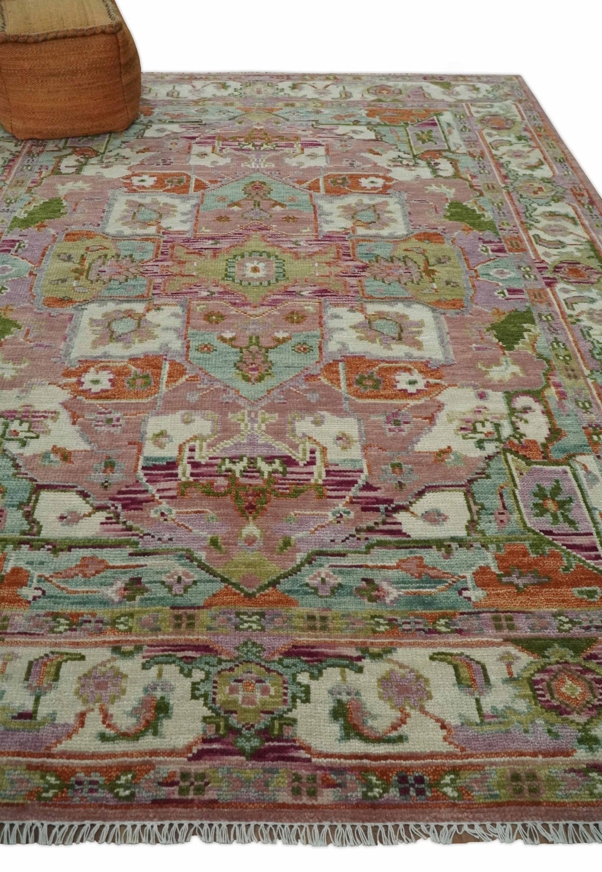 Custom Made Transitional Pink, Green and Ivory Turkish Design wool Area Rug
