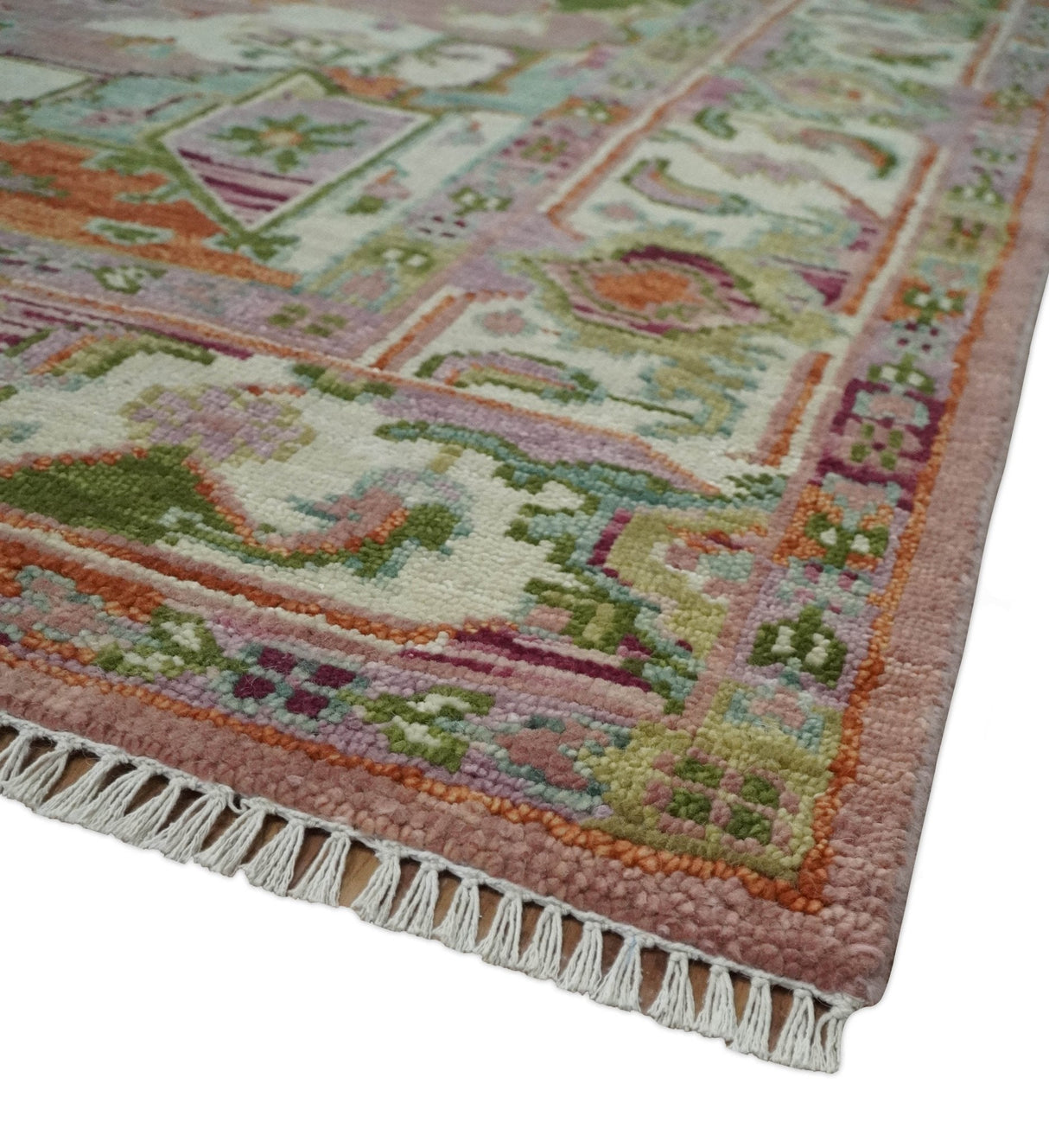Custom Made Transitional Pink, Green and Ivory Turkish Design wool Area Rug