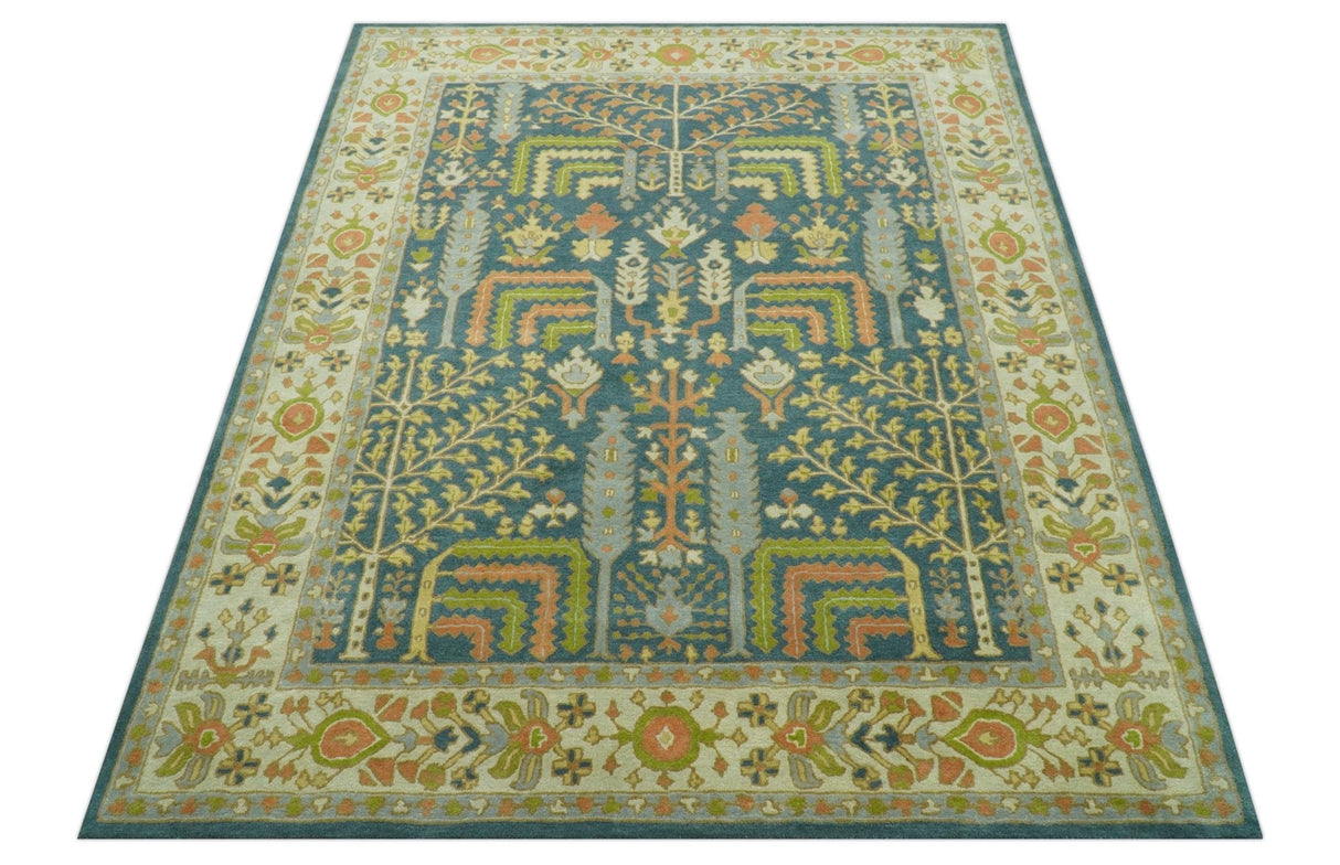 Custom Made Tree of Life Beige And Teal Floral Design Hand Tufted Wool Area Rug
