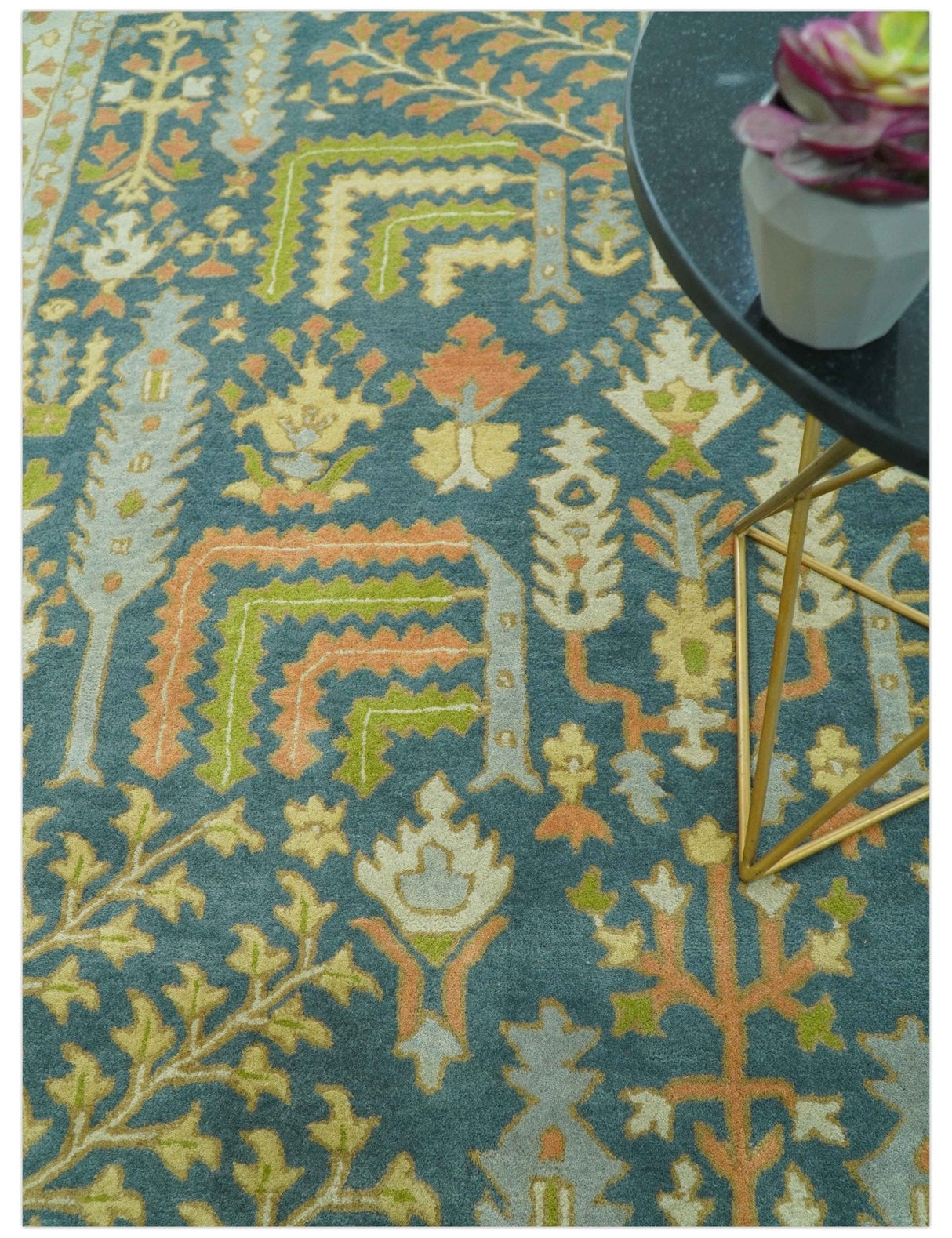 Custom Made Tree of Life Beige And Teal Floral Design Hand Tufted Wool Area Rug