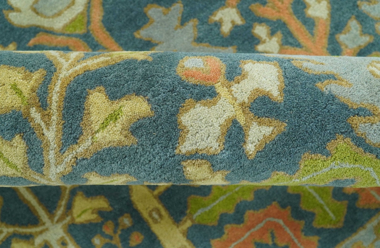 Custom Made Tree of Life Beige And Teal Floral Design Hand Tufted Wool Area Rug