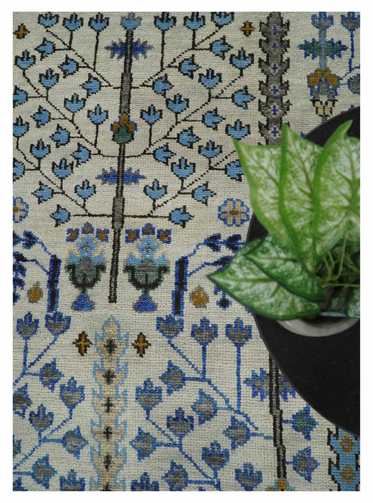 Custom Made Tree of life Hand Knotted Antique Ivory, Blue and Gray Wool area Rug
