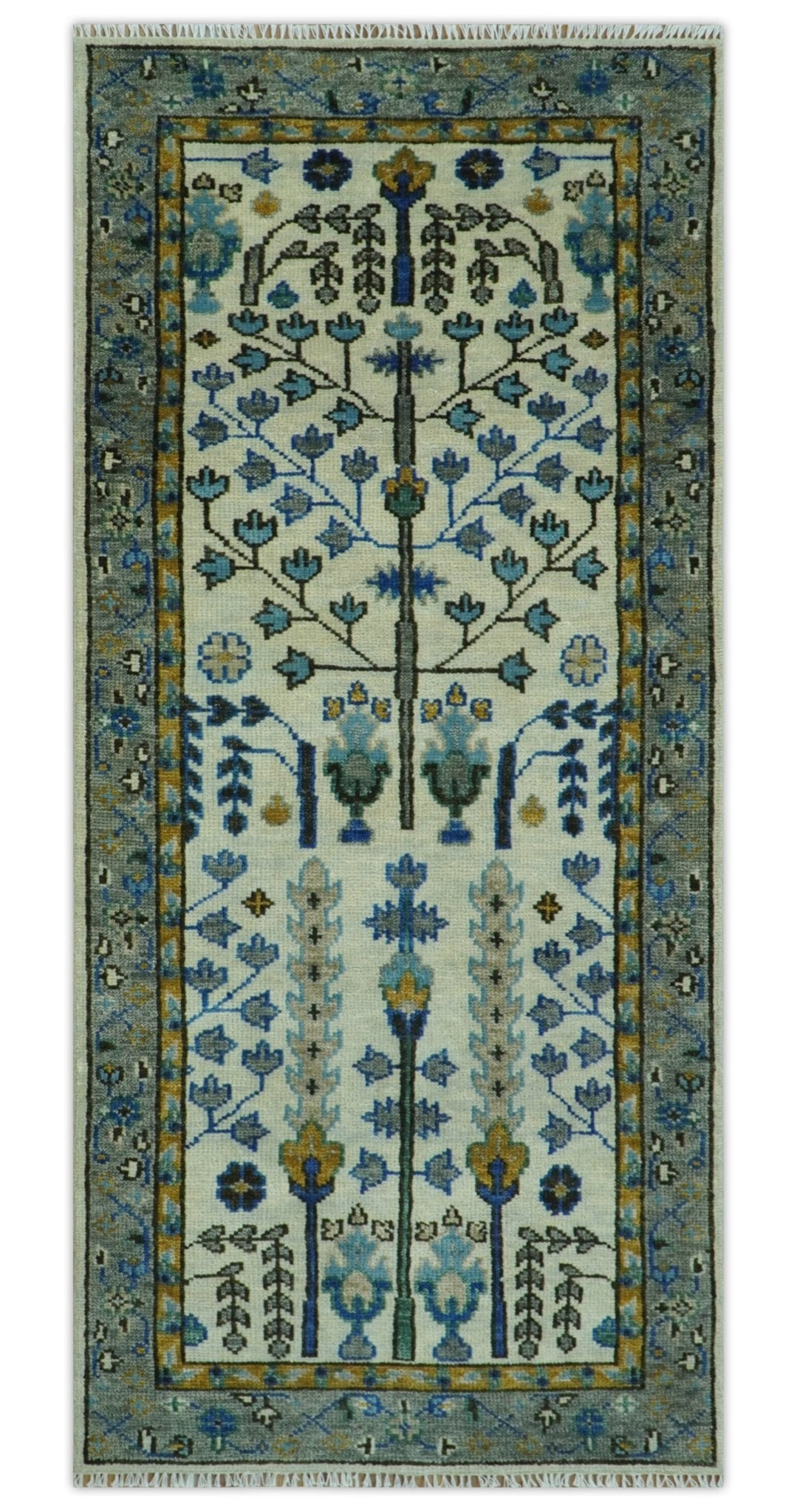 Custom Made Tree of life Hand Knotted Antique Ivory, Blue and Gray Wool area Rug