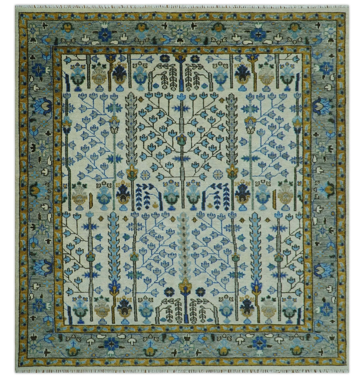Custom Made Tree of life Hand Knotted Antique Ivory, Blue and Gray Wool area Rug