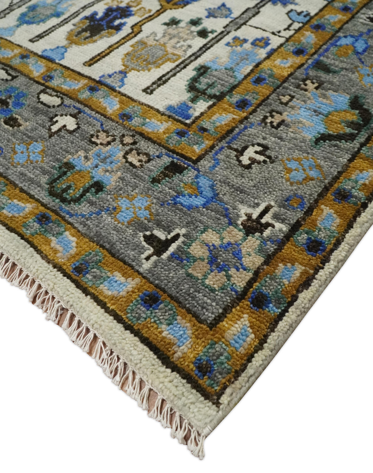 Custom Made Tree of life Hand Knotted Antique Ivory, Blue and Gray Wool area Rug