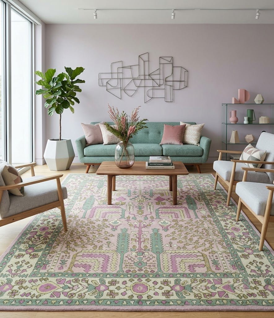 Custom Made Tree of life Traditional Floral Light Purple, Green, Olive and Beige Hand Tufted wool Area Rug