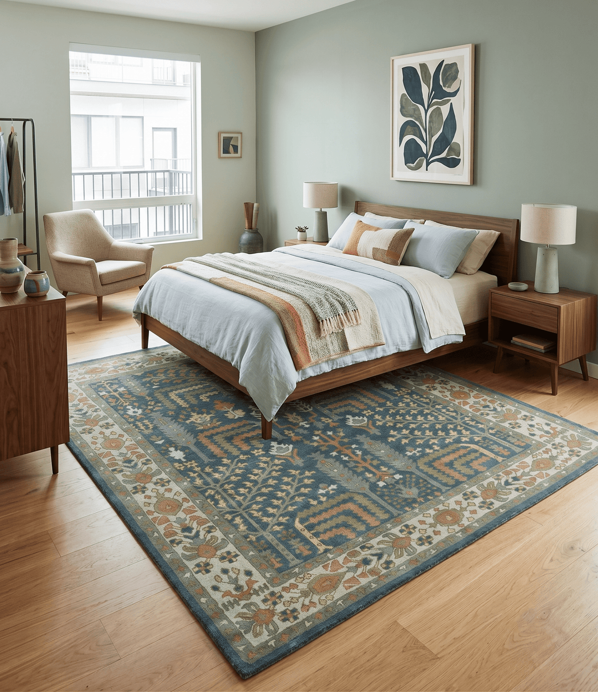 Custom Made Tree of life Traditional Teal, Silver, Green and Dark Peach wool Rug