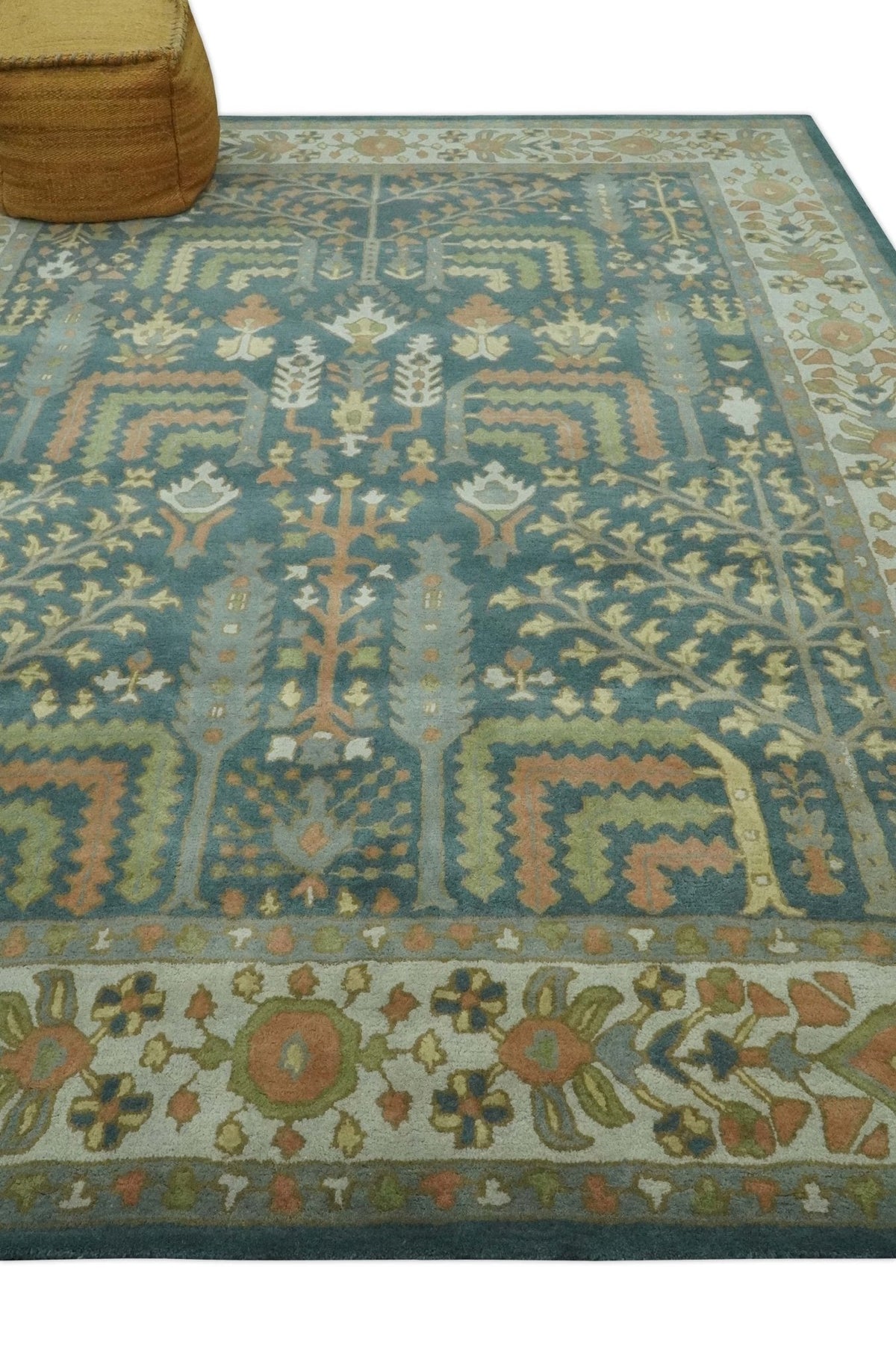 Custom Made Tree of life Traditional Teal, Silver, Green and Dark Peach wool Rug