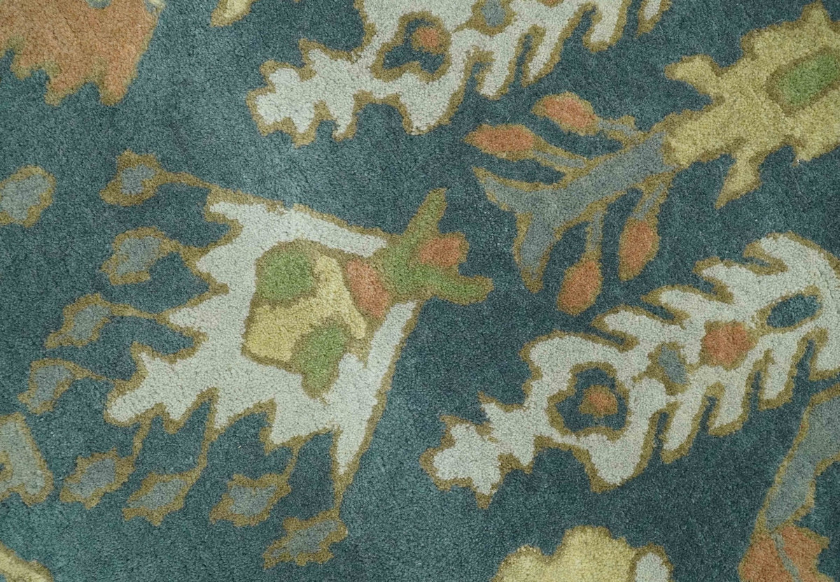 Custom Made Tree of life Traditional Teal, Silver, Green and Dark Peach wool Rug