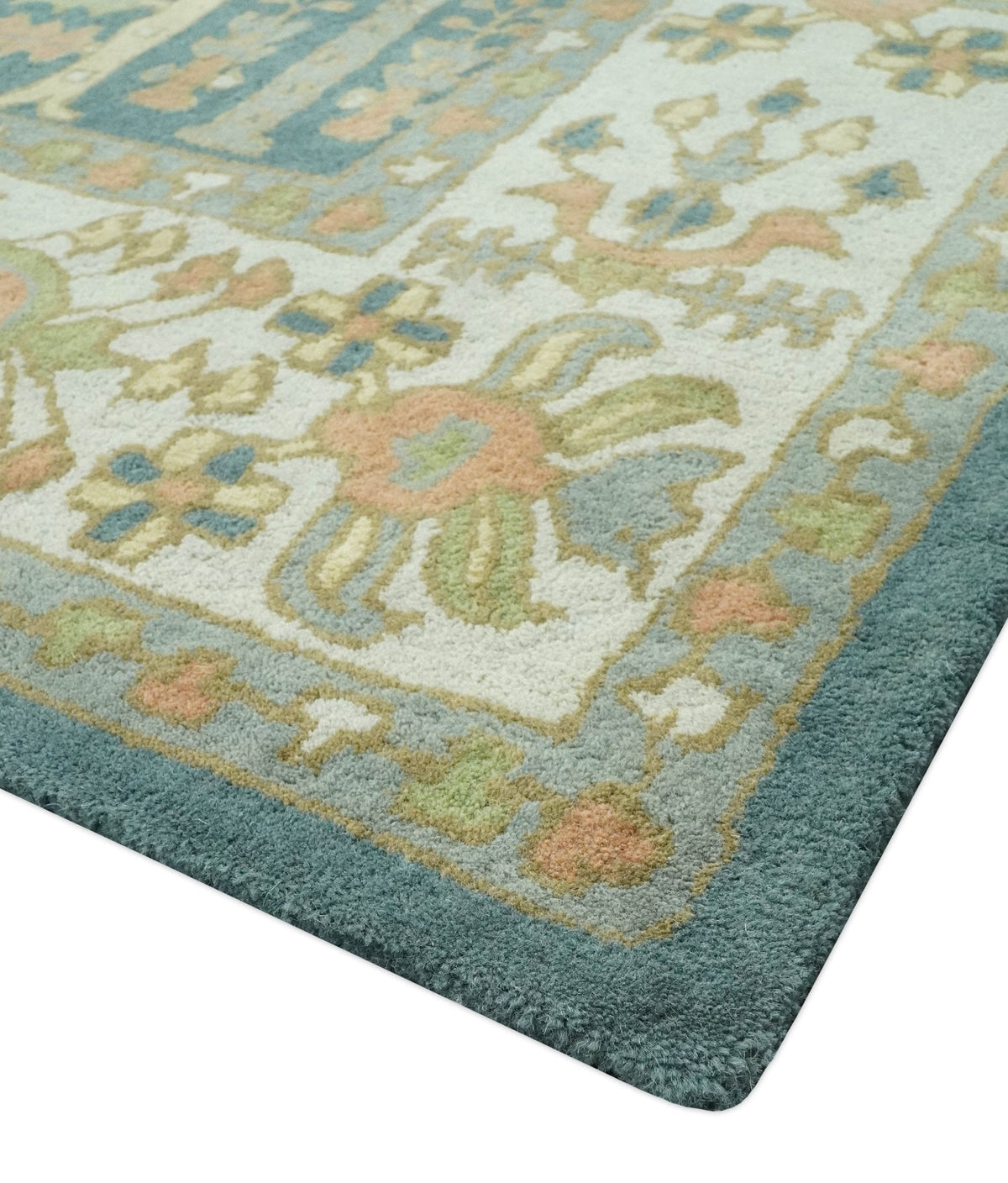 Custom Made Tree of life Traditional Teal, Silver, Green and Dark Peach wool Rug