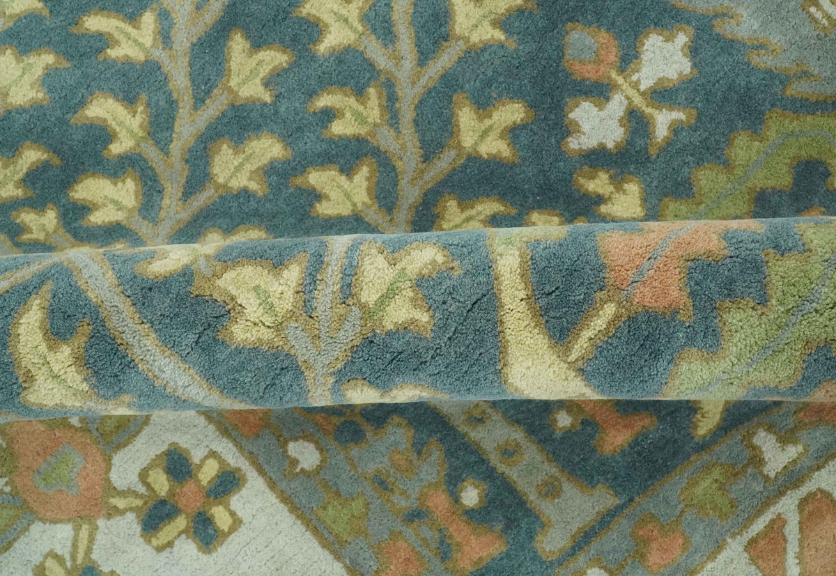 Custom Made Tree of life Traditional Teal, Silver, Green and Dark Peach wool Rug