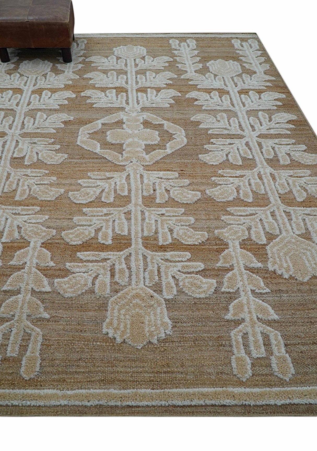Custom Made Tribal Brown And Ivory Hand Knotted Wool and Jute Rug