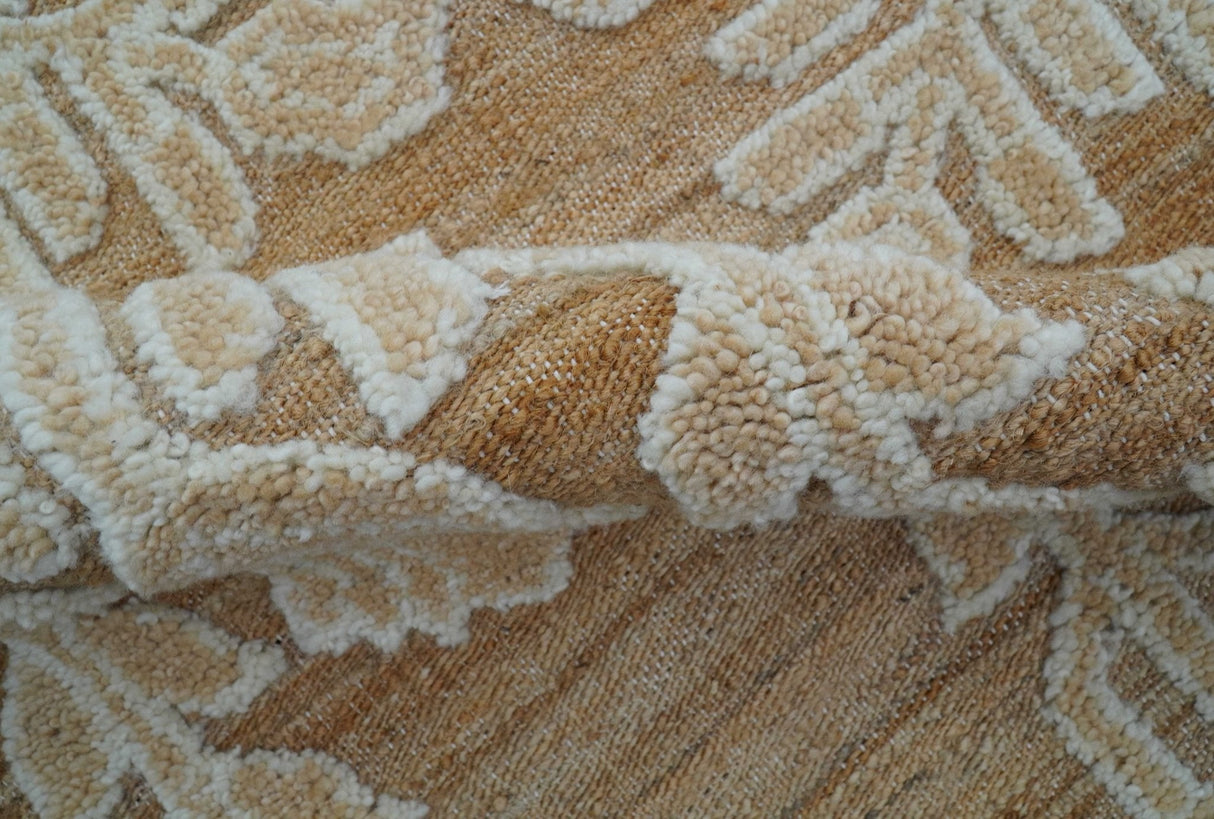 Custom Made Tribal Brown And Ivory Hand Knotted Wool and Jute Rug