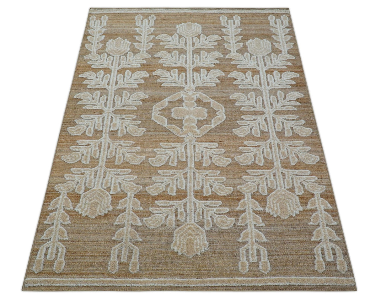 Custom Made Tribal Brown And Ivory Hand Knotted Wool and Jute Rug