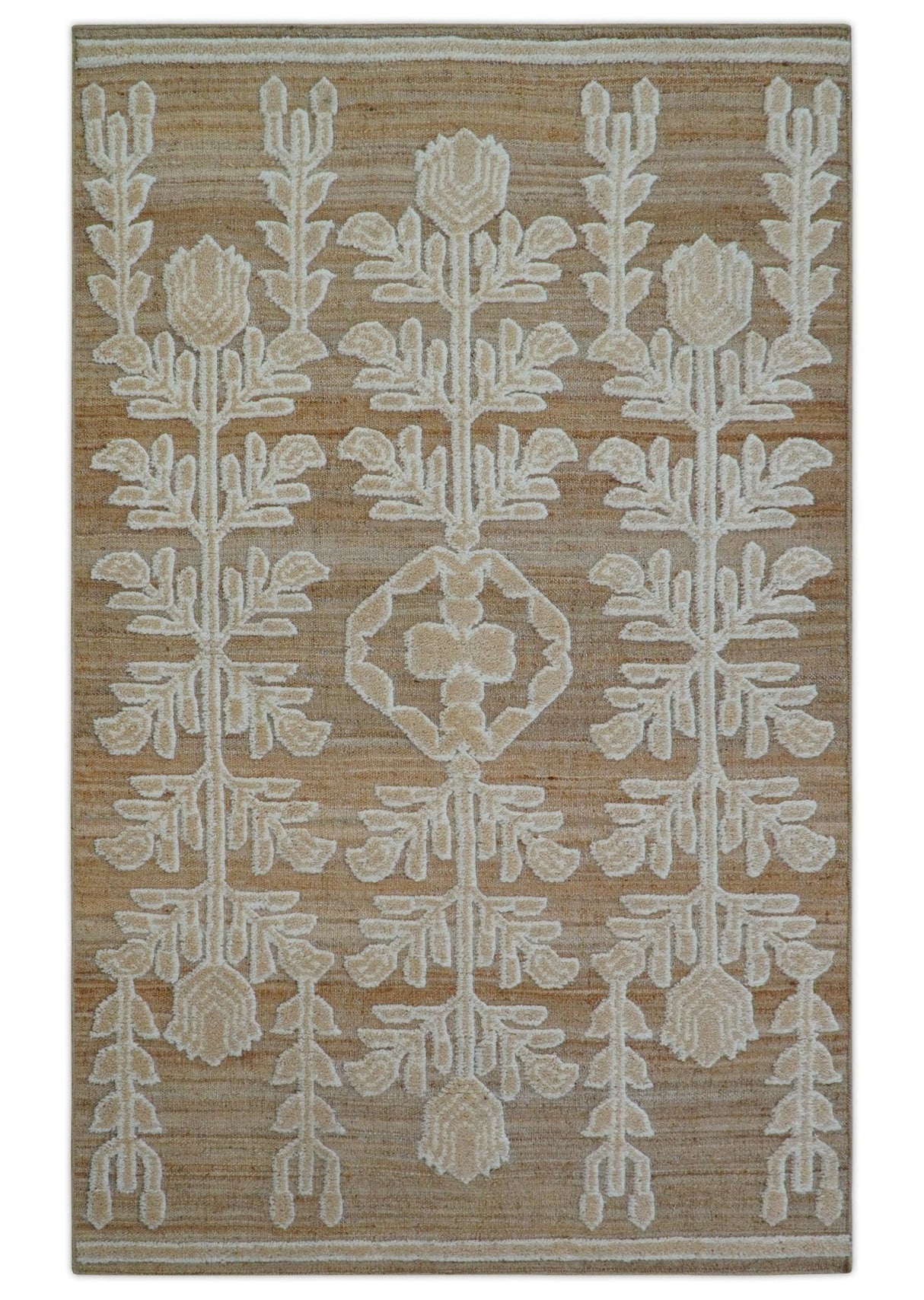 Custom Made Tribal Brown And Ivory Hand Knotted Wool and Jute Rug