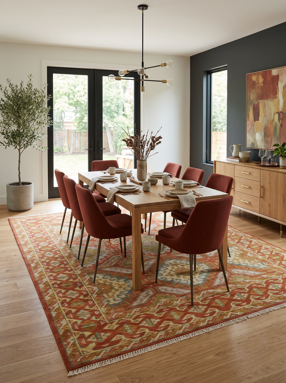 Custom Made Tribal Motifs Hand Knotted Rust, Gold and Blue Oriental Traditional Wool Area Rug