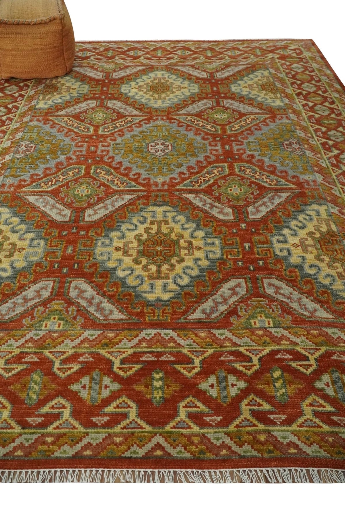 Custom Made Tribal Motifs Hand Knotted Rust, Gold and Blue Oriental Traditional Wool Area Rug