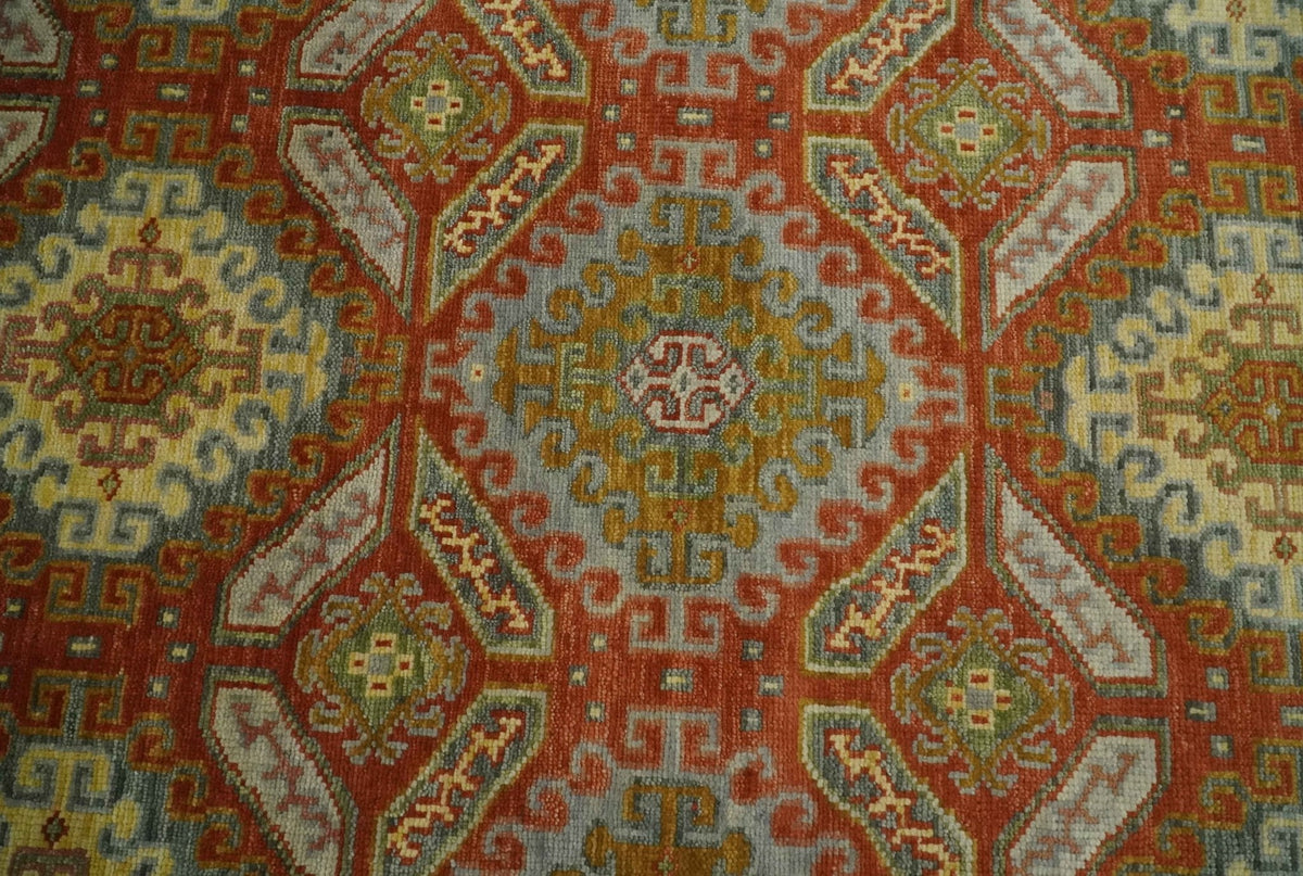 Custom Made Tribal Motifs Hand Knotted Rust, Gold and Blue Oriental Traditional Wool Area Rug