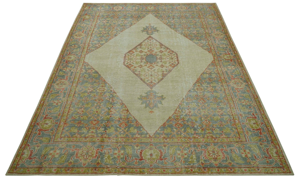 Custom Made Turkish Design Beige and Blue Hand Knotted Wool Rug