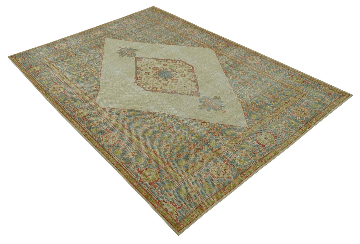 Custom Made Turkish Design Beige and Blue Hand Knotted Wool Rug