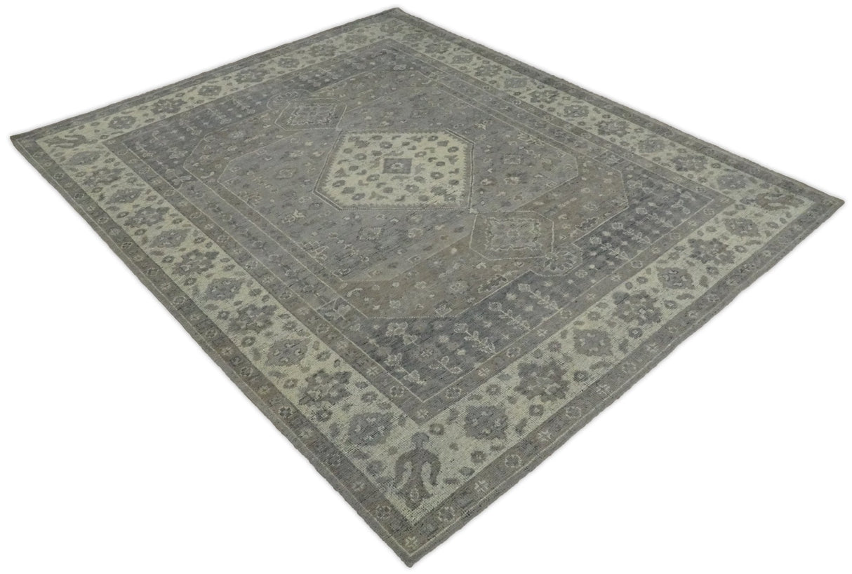 Custom Made Vintage Distressed Hand Knotted Serapi Gray and Beige Wool Area Rug