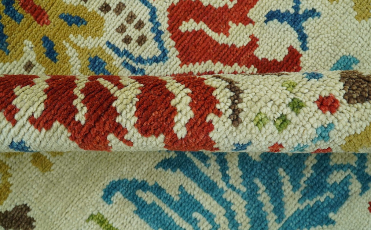Custom Made Vintage Floral Ikat Design Beige And Blue Hand Knotted Wool Rug