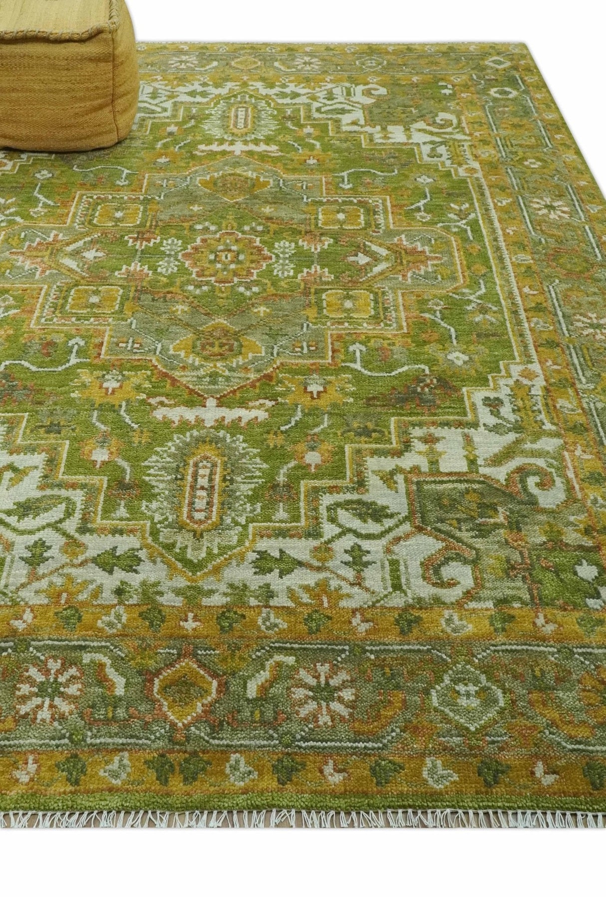 Custom Made Vintage Style Green, Silver and Gold Hand Knotted Traditional Heriz wool area rug