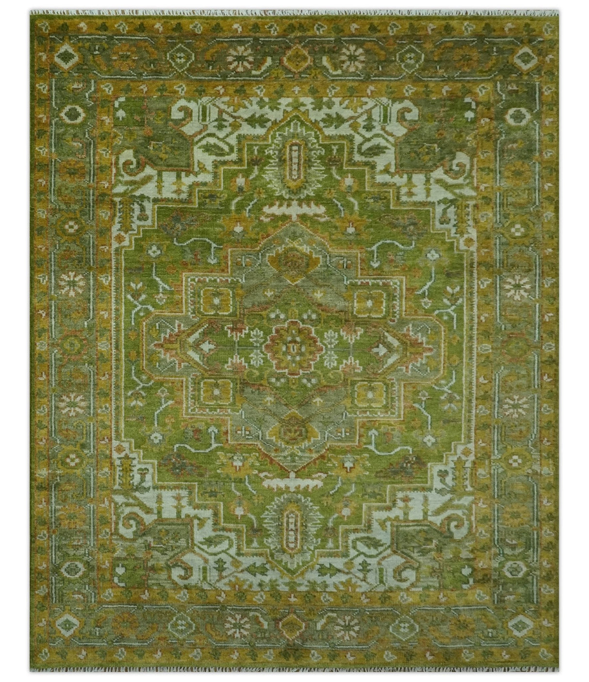 Custom Made Vintage Style Green, Silver and Gold Hand Knotted Traditional Heriz wool area rug