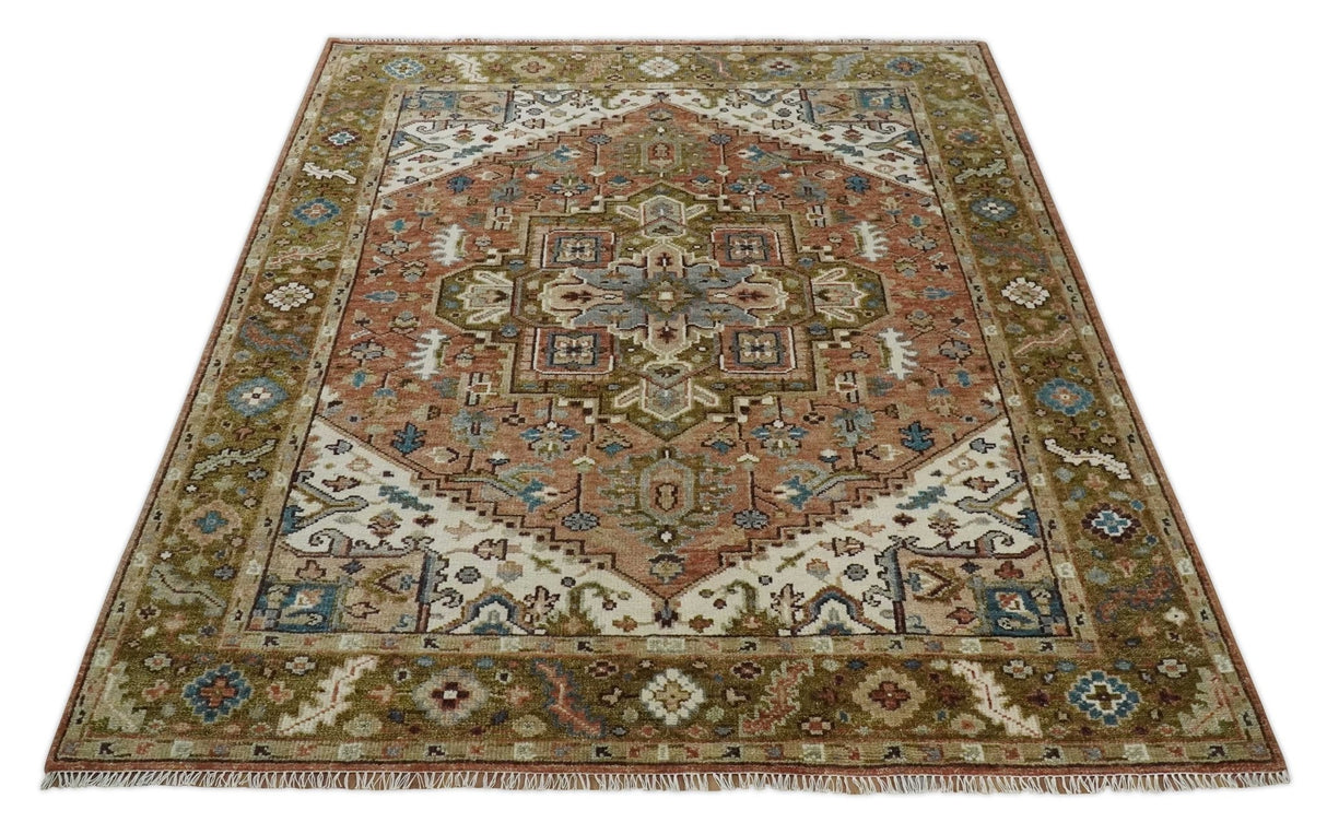 Custom Made Vintage Style Olive, Rust and Ivory Hand Knotted Traditional Wool Area Rug-Parc Decor