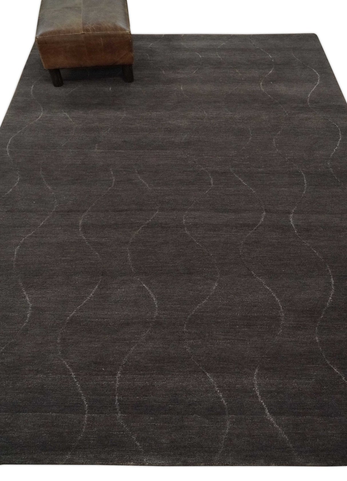 Dark Brown and Ivory Modern Stripes Pattern Hand knotted 5x7 wool and Art Silk Area Rug-Area Rug-Parc Decor