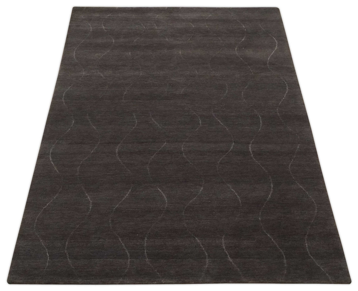 Dark Brown and Ivory Modern Stripes Pattern Hand knotted 5x7 wool and Art Silk Area Rug-Area Rug-Parc Decor