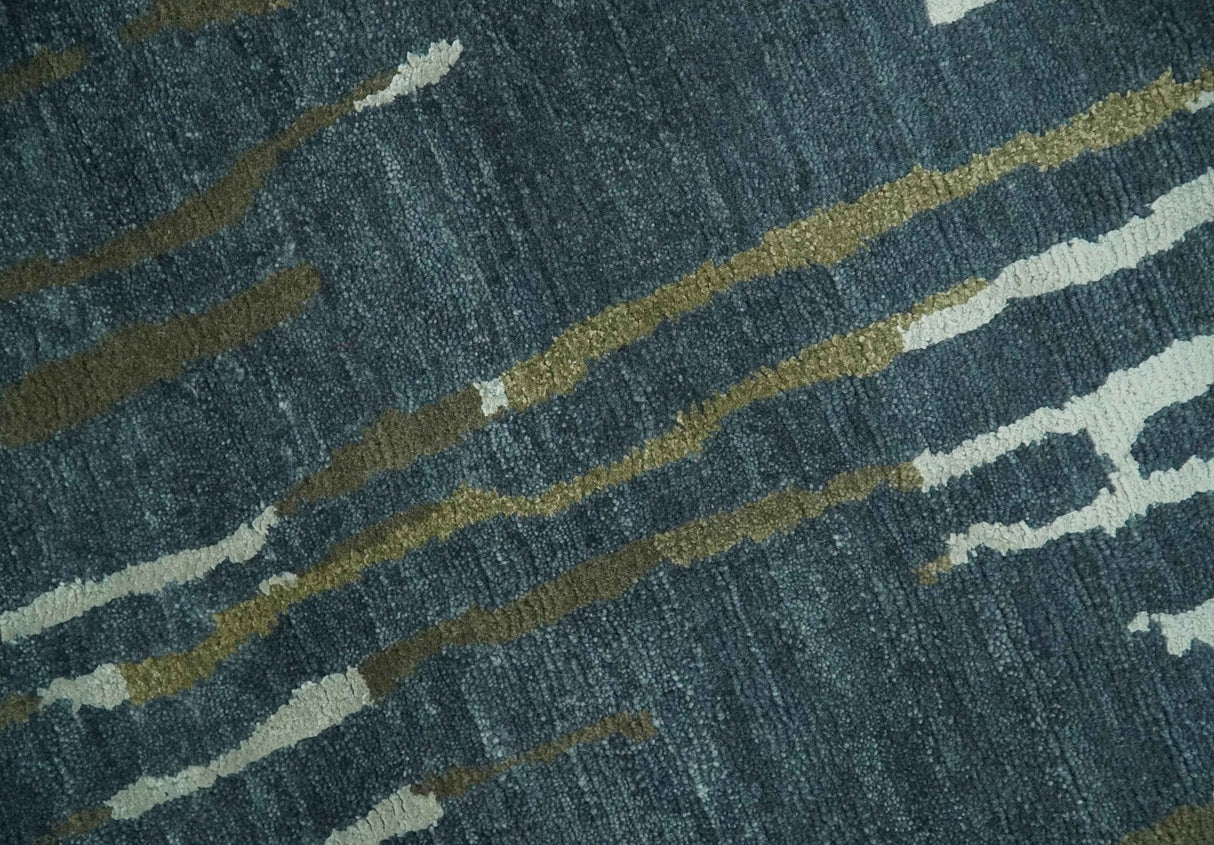 Dark Teal, Olive and Silver Modern Stripes Design Hand loom 5x8 wool and Art Silk Area rug-Area Rug-Parc Decor