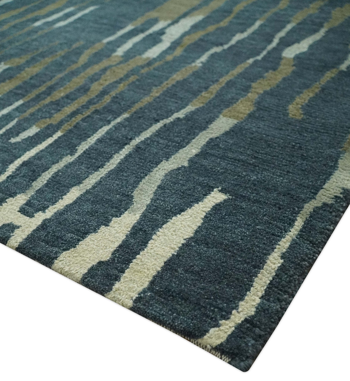Dark Teal, Olive and Silver Modern Stripes Design Hand loom 5x8 wool and Art Silk Area rug-Area Rug-Parc Decor