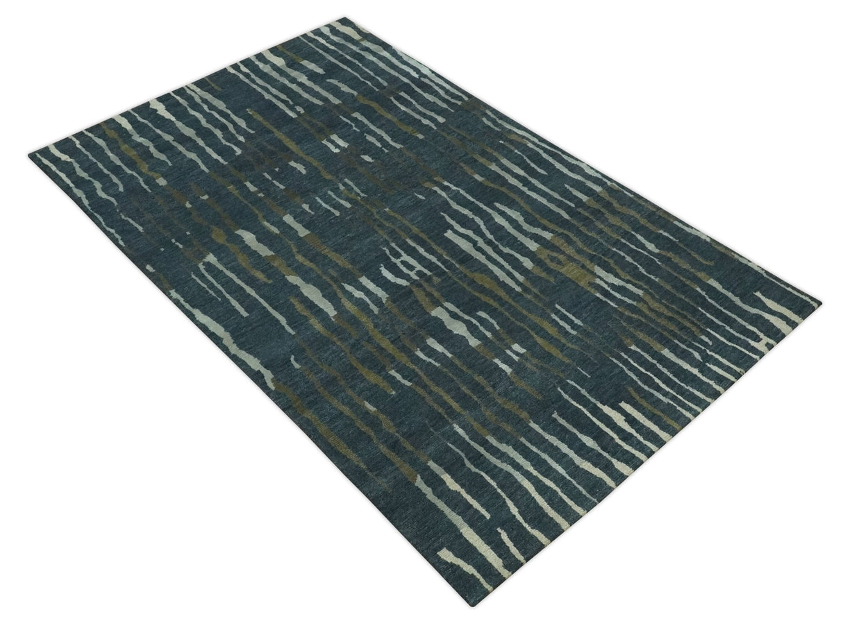 Dark Teal, Olive and Silver Modern Stripes Design Hand loom 5x8 wool and Art Silk Area rug-Area Rug-Parc Decor