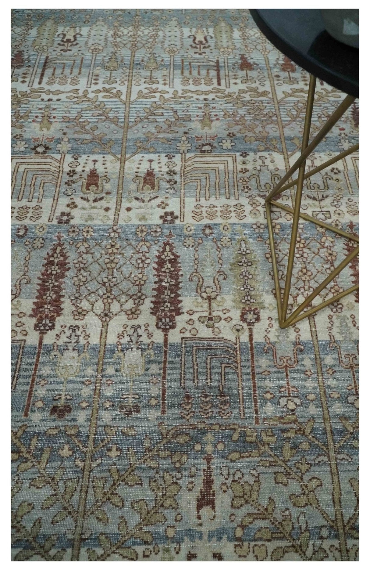 Distress Finish Tree of life Gray, Ivory, Brown and Olive Traditional Floral Hand knotted 8x10 wool Area Rug