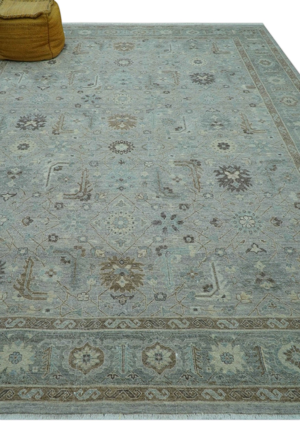 Distressed and Blue Silver Hand Knotted Traditional Wool Area Rug