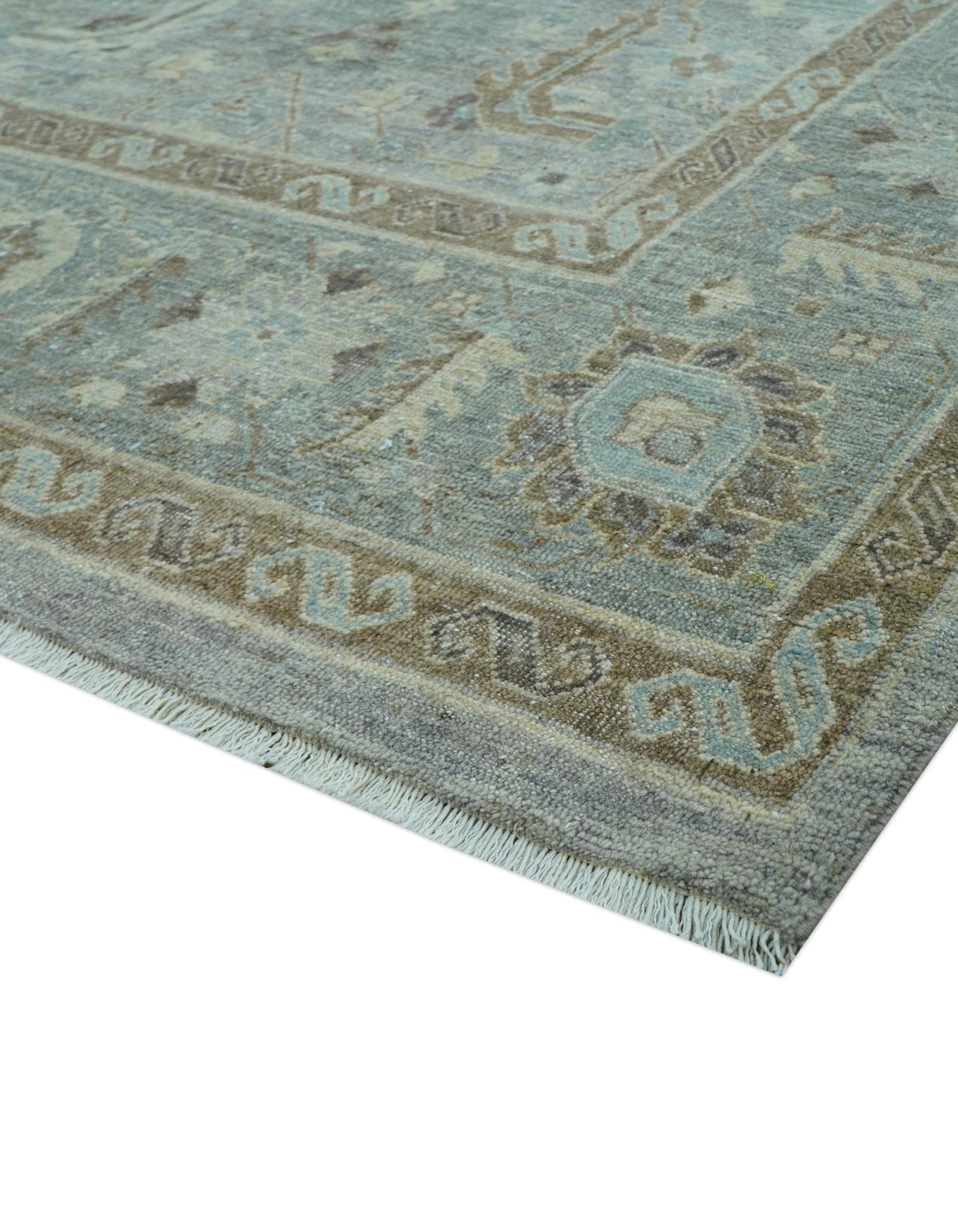 Distressed and Blue Silver Hand Knotted Traditional Wool Area Rug