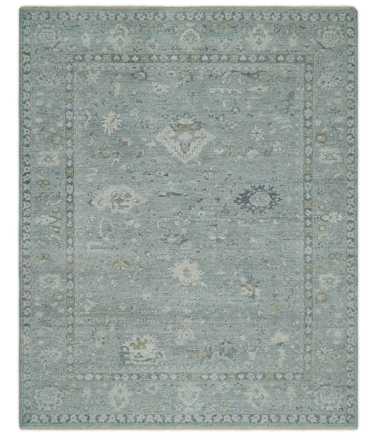 Distressed finished 8x10 Gray and Silver Low Pile wool Rug