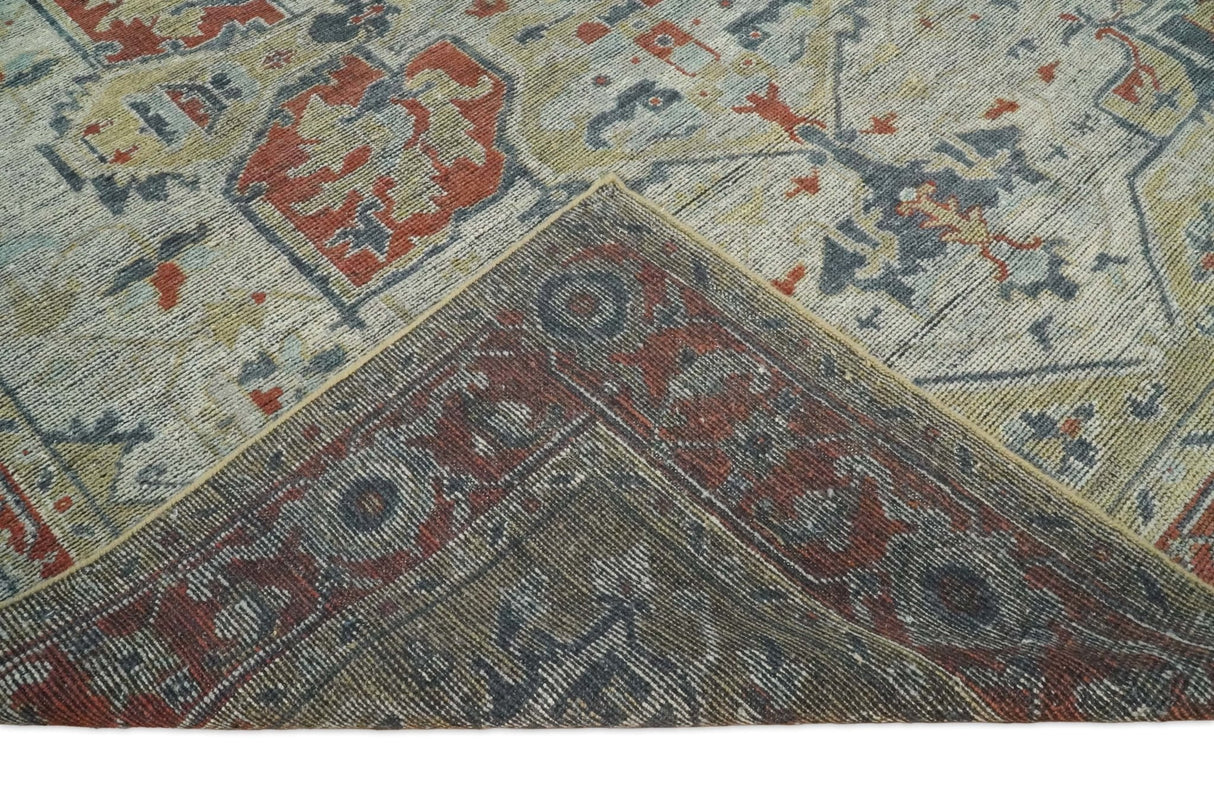 Distressed finished Beige and Brown Traditional Heriz Hand Knotted Wool Area Rug