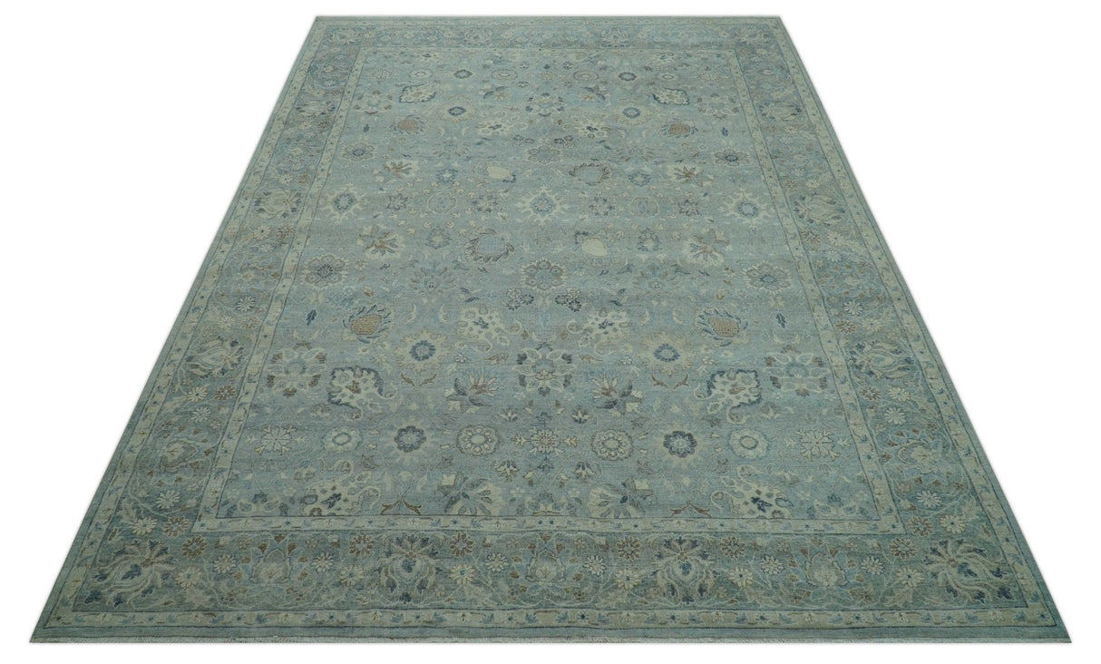 Distressed Hand Knotted Blue And Beige Traditional Design 9x13 Wool Area Rug