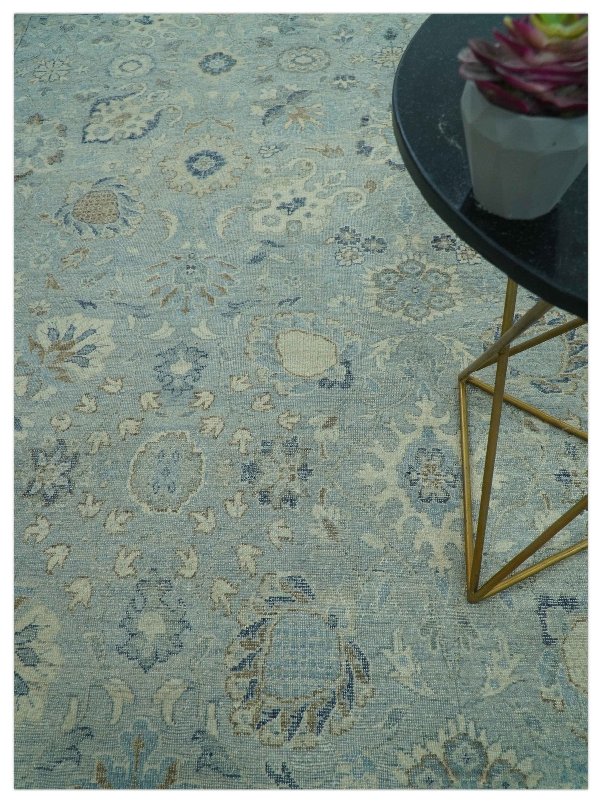 Distressed Hand Knotted Blue And Beige Traditional Design 9x13 Wool Area Rug